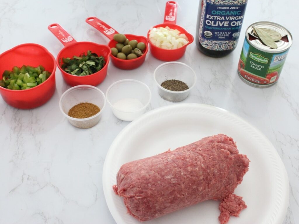 ingredients for picaillo laid out 