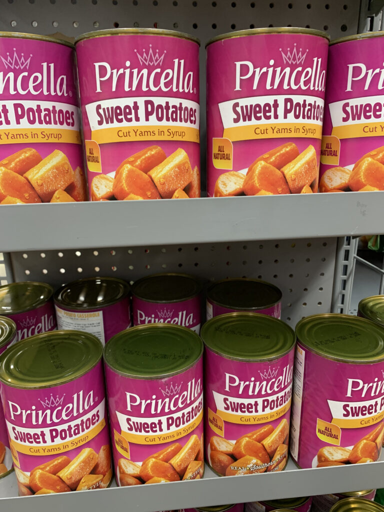 Canned Yams on a shelf I the store 