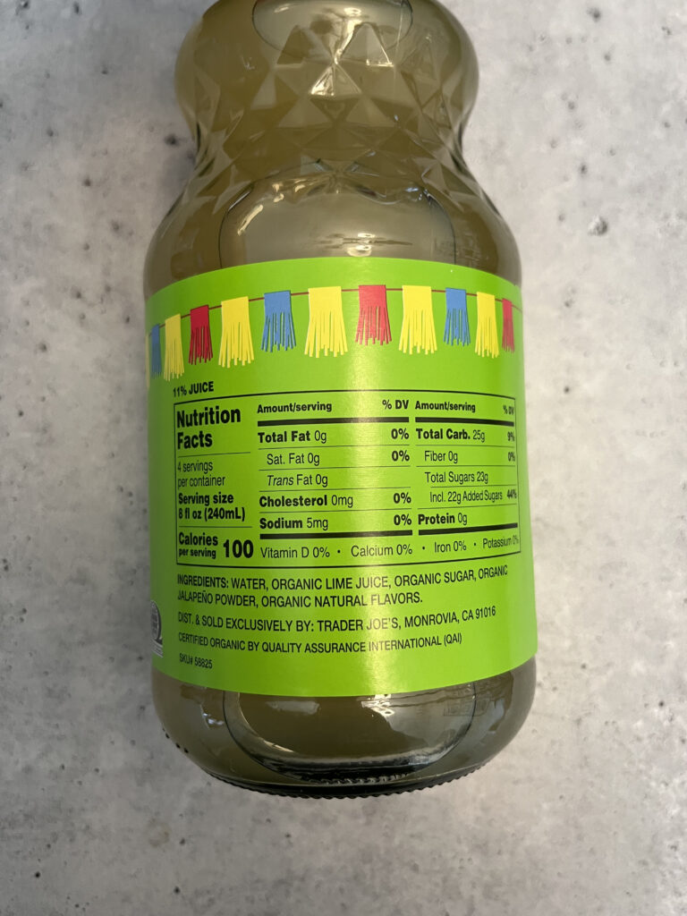 Nutrition label of jalapeño limeade jar. 