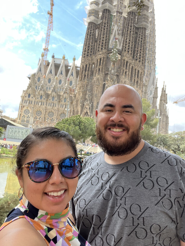 Selfie of Tourist in front of La Sangria Familia Church in Barcelona. 