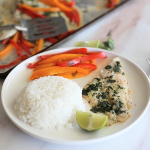 fish with rice and colorful bell peppers on a white plate